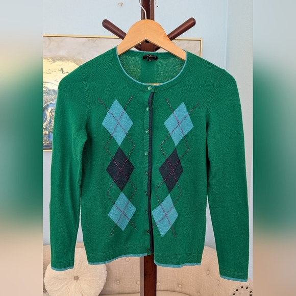 Talbot's Womans Green Cardigan Argyle  5% Cashmere Size SP - Picture 4 of 11